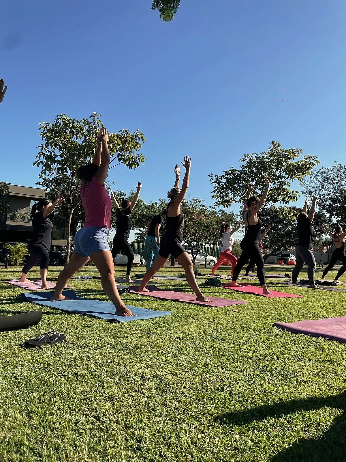 Turma em Virabhadrasana, a postura do guerreiro, com braços para o alto