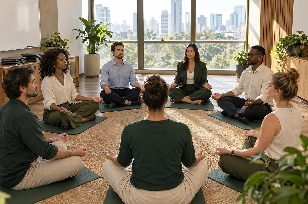 Profissionais meditando em círculo sobre tapetes em uma sala de reuniões