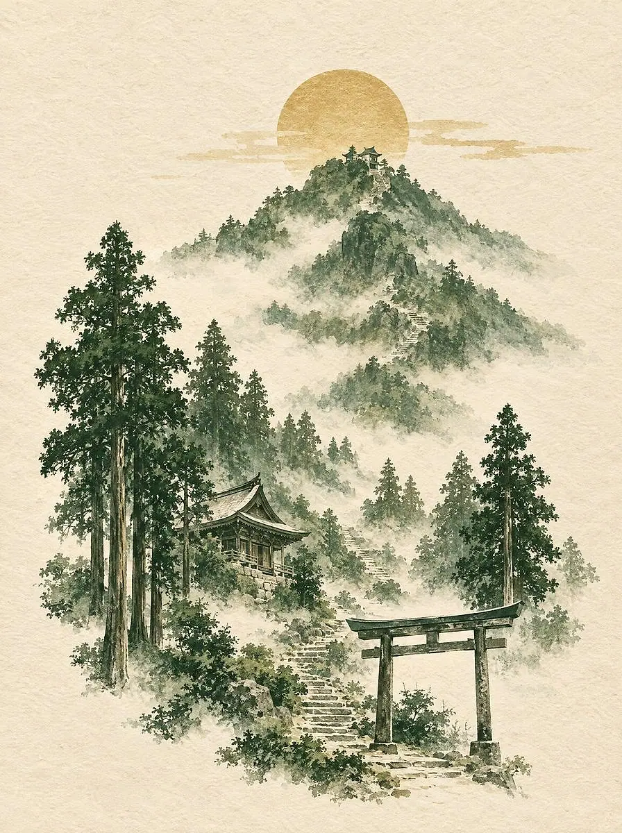 Ilustração em sumi-ê do Monte Kurama, no Japão, com cedros, templo e portal torii sob o sol nascente