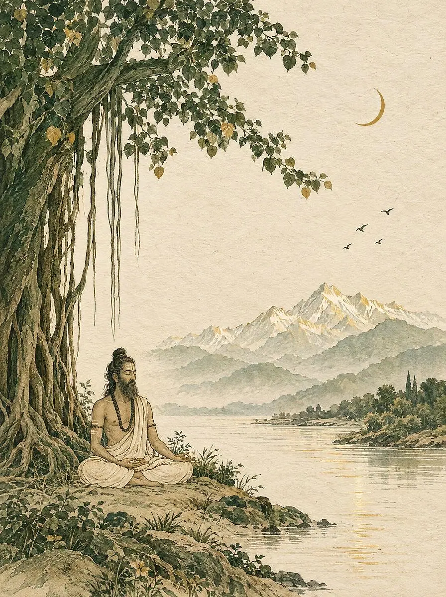 Ilustração em aquarela de um yogi meditando sob uma figueira-de-bengala às margens de um rio, com o Himalaia ao fundo