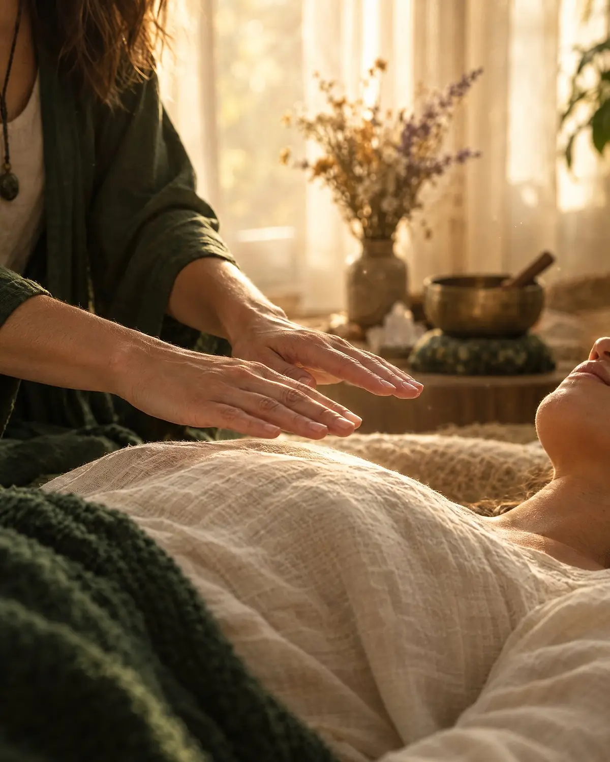 Mãos de terapeuta posicionadas sobre o corpo de uma pessoa relaxada durante uma sessão de Reiki