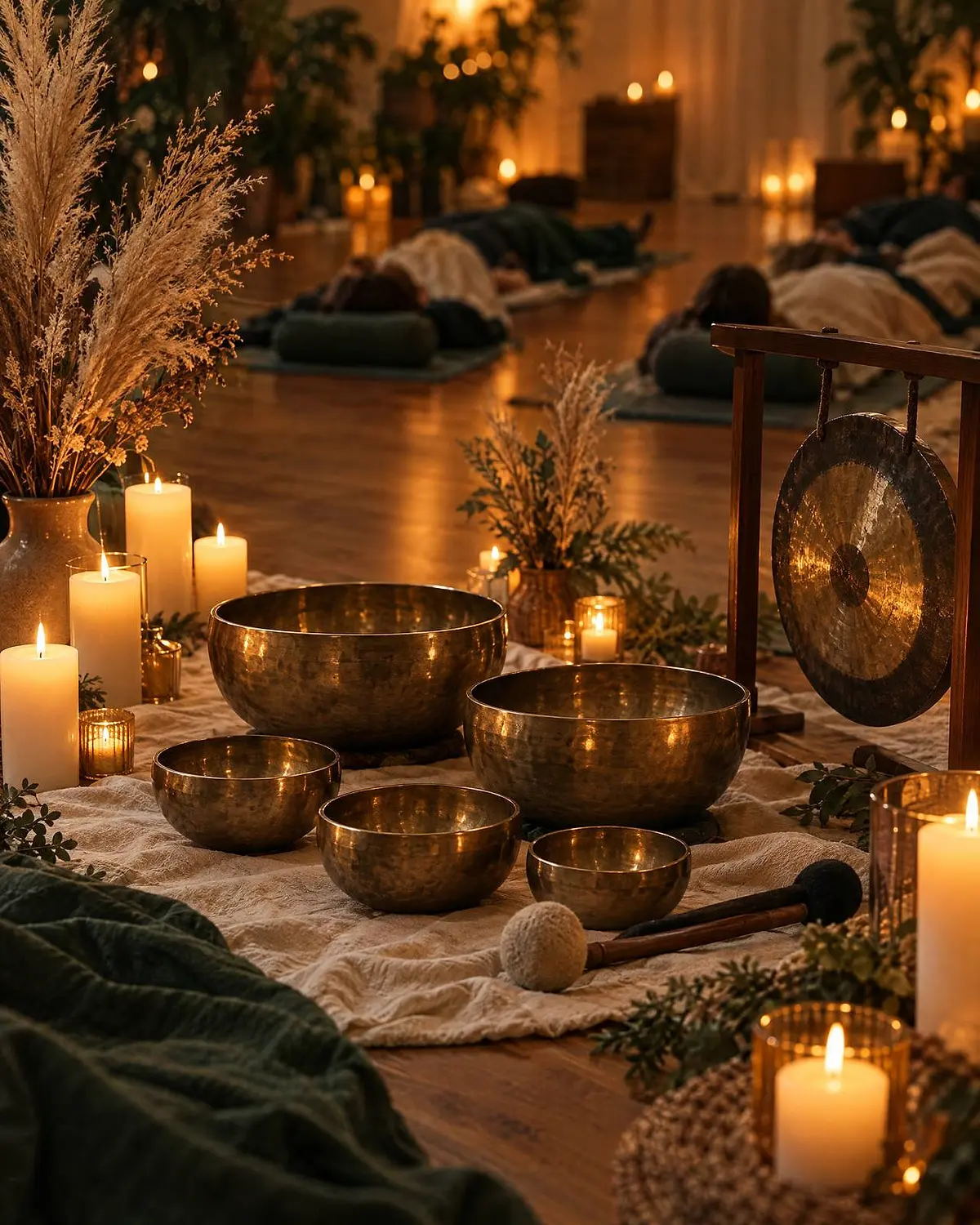 Taças tibetanas, gongo e velas acesas preparados para uma vivência de sound healing