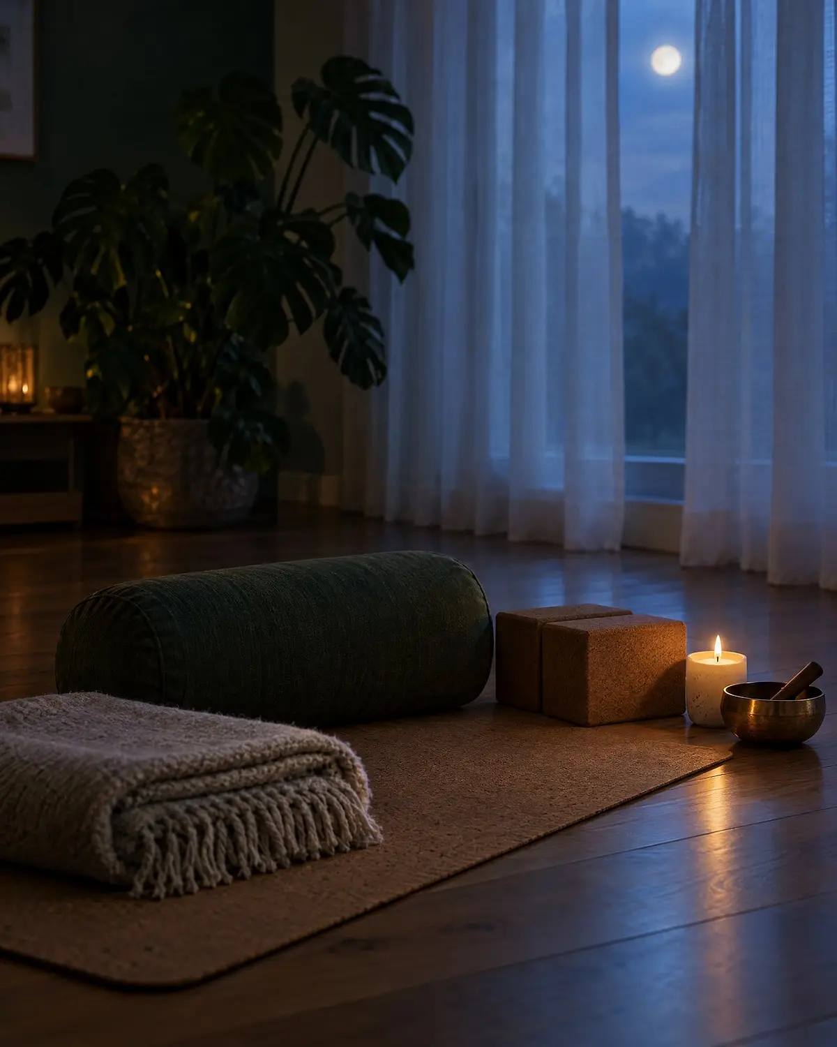 Sala de yoga à noite com bolster, blocos de cortiça, manta, vela acesa e luar entrando pela janela